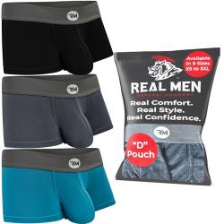 Real Men Bulge Enhancing Pouch Unterwäsche für Herren - 1 oder 3er Pack Set - Modal Boxershorts mit Größe D Beutel, D-Beutel, 7,6 cm, 3 Stück, Schwarz, Blau, Grau, Small von RM Real Men
