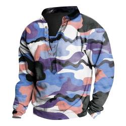 Herrenhemden Langarm Rüschenhemd Herren Overshirt Herren Camouflage Druck Pullover V-Ausschnitt Knopfleiste Sweatshirt Regular Fit Tactical Shirts Shirt (Royal Blue, 3XL) von RMBLYfeiye