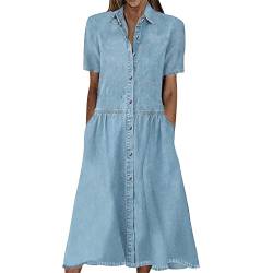 Kostüm Damen Elegant Sommerkleider Kleid Weißes Revers Einfarbiges Kurzarm Maxikleid Mit Taschen Knopfleiste Jeanskleid Vintage Rüschensaum Boho Kleid Kleid A Linie (Blau XL) von RMBLYfeiye