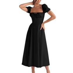 Mittelalter Kleidung Damen Kleid A Linie Fairy Dress Quadratischer Hals Puffärmel Maxikleid Rückenfrei Elegant Cocktailkleid A Linien Ballkleider Langes Kleid (Schwarz, S) von RMBLYfeiye