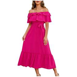 Mittelalter Kleidung Damen Sommerkleider Kleid Weißes U-Ausschnitt Einfarbiges Rüschenärmel Maxikleid Hohe Taille Rüschensaum Tunika Kleid Mit Gürtel Faltenkleid Kleid A Linie (Hot Pink XXL) von RMBLYfeiye