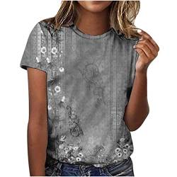 Musselin Bluse Damen Blusen Dirndlbluse Langarm Vintage Blumen Bedruckt T Shirt Rundhalsausschnitt Kurzarm Blusenshirt Locker Sommer Oberteile Laufshirt Damen (Grau, M) von RMBLYfeiye