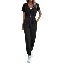 Overall Damen Sommer Damen Hosenanzug Sportlich Elegant Elegante Jumpsuits Für Hochzeit V-Ausschnitt Einfarbiges Jumpsuit Lang Kurzarm Sommer Overall Mit Reißverschluss Blauer Overall (Schwarz, M) von RMBLYfeiye