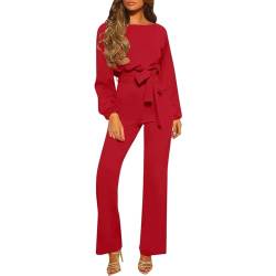 Overall Damen Sommer Jumpsuit Damen Langarm Damen Jumpsuit Elegant Festlich Boot-Ausschnitt Einfarbiges Festlich Hosenanzug Langarm Straight Leg Jumpsuit Mit Gürtel Arbeitslatzhose Damen (Rot, Xl) von RMBLYfeiye