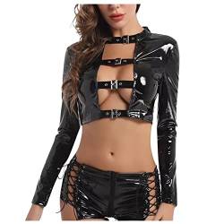 RMBLYfeiye Damen Einteilige Dessous Sexy Offener Schritt Lack Leder FüR Sex Erotische UnterwäSche Set Babydoll Latex Sissy Obsessive Body Provocative Nachtwäsche Pyjama mit Schritt-Reißverschluss von RMBLYfeiye