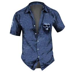 RMBLYfeiye Funktionsshirt Herren Hawaii Hemd Herren Longshirt Herren Reverskragen Druckknopf Totenkopf Drucken Hemd Kurzarm Regular Fit Arbeitshemd Locker Sommerhemd Longsleeve Herren (Blau, XL) von RMBLYfeiye