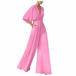 RMBLYfeiye Jumpsuit Damen Lang V-Ausschnitt Einfarbiges 3/4 Ärmel Chiffon Jumpsuit Mit Taschen Hohe Taille Tailliert Tunika Overall Hosenanzug Festlich Jumpsuit Elegant Hochzeit Gast von RMBLYfeiye