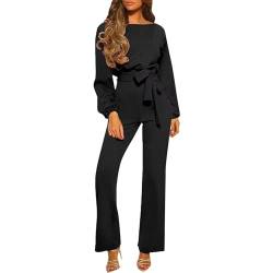 RMBLYfeiye Jumpsuit Damen Weiß Jumpsuit Kostüm Erwachsene Overall Damen Schwarz Boot-Ausschnitt Einfarbiges Festlich Hosenanzug Langarm Straight Leg Jumpsuit Mit Gürtel Overall Damen (Schwarz, M) von RMBLYfeiye