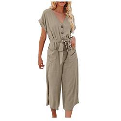 RMBLYfeiye Jumpsuits Für Damen Jumpsuit Festlich Damen Latzhose Damen Sommer Rundhals Einfarbiges Rüschenärmel Hosenanzug Mit Gürtel Straight Leg Jumpsuit Hochzeit Gast Y2K Clothes (Khaki, M) von RMBLYfeiye