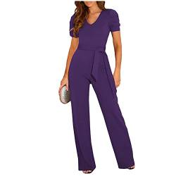 RMBLYfeiye Schwarzer Jumpsuit Damen Damen Yoga-Jumpsuit Pinke Latzhose Damen Rundhals Einfarbiges Rüschenärmel Hosenanzug Mit Gürtel Straight Leg Jumpsuit Hochzeit Gast Latzhose Bunt (Lila, M) von RMBLYfeiye