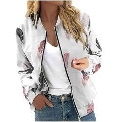 RMBLYfeiye Übergangsjacke Damen Blumenmuster Langarm Bomberjacke Mit Reißverschluss Stehkragen Outwear Kurz Coat Mit Taschen Herbst Frühling Dünne Dacke Leicht College Jacke Blouson Für Frauen von RMBLYfeiye