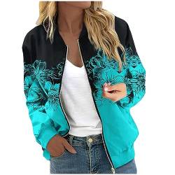 RMBLYfeiye Übergangsjacke Damen Blumenmuster Langarm Bomberjacke Mit Reißverschluss Stehkragen Outwear Kurz Coat Mit Taschen Herbst Frühling Dünne Dacke Leicht College Jacke Blouson Für Frauen von RMBLYfeiye