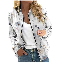 RMBLYfeiye Übergangsjacke Damen Blumenmuster Langarm Bomberjacke Mit Reißverschluss Stehkragen Outwear Kurz Coat Mit Taschen Herbst Frühling Dünne Dacke Leicht College Jacke Blouson Für Frauen von RMBLYfeiye