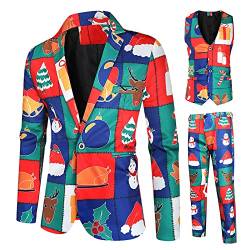 RMBLYfeiye Weihnachtsanzüge Herren Set 3 Teilig Slim Fit Verschiedene Drucke Festlich Weihnachten Sakko Blazer Partyanzug Anzugjacke + Anzughose + Weste Set von RMBLYfeiye