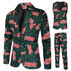 RMBLYfeiye Weihnachtsanzüge Herren Set 3 Teilig Slim Fit Verschiedene Drucke Festlich Weihnachten Sakko Blazer Partyanzug Anzugjacke + Anzughose + Weste Set von RMBLYfeiye