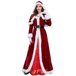 RMBLYfeiye Weihnachtsmantel Cape Kleid Set Damen Weihnachtsfrau Kostüm Weihnachten Fasching Lang Samt Umhang mit Kapuze Kinder Cosplay Miss Santa Kostüm von RMBLYfeiye