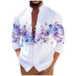 Replay T-Shirt Herren Hemd Herren Kurzarm Laufshirt Herren Stehkragen Rose Druck Druckknopf Langarmshirt Loose Fit Hawaii Hemd Männer Lockere Henley Shirt Herren T Shirt (Blau, 3XL) von RMBLYfeiye