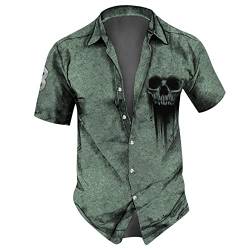 Schwarzes Hemd Herren Business Hemd Herren Funktionsshirt Reverskragen Druckknopf Totenkopf Drucken Hemd Kurzarm Regular Fit Arbeitshemd Locker Sommerhemd Compression Shirt (Grün, L) von RMBLYfeiye