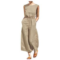 Sport Jumpsuit Damen Damen Yoga-Jumpsuit Jumpsuit Damen Kostüm Rundhals Baumwoll Leinen Jumpsuit Weite Bein Latzhose Mit Taschen Lose Sommer Overall Elegant Atmungsaktiv Leinenhose Damen Overall von RMBLYfeiye