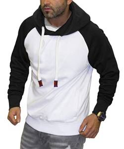 RMK Herren Basic Kapuzenpullover Sweatjacke Pullover Uni Hoodie mit Kapuze Sweatshirt P.04 Weiß-Schwarz 3XL von RMK