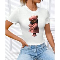 RMK Kurzarmshirt Damen T-Shirt kurzarm Top Sommer Rundhals süßer Teddybär Bär Brille aus Baumwolle, mit lizenziertem Originaldesign von RMK