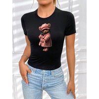 RMK Kurzarmshirt Damen T-Shirt kurzarm Top Sommer Rundhals süßer Teddybär Bär Brille aus Baumwolle, mit lizenziertem Originaldesign von RMK