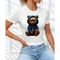 RMK Print-Shirt Damen T-Shirt Top Sommer Rundhals süßer Teddybär Bär Brille mit lizenziertem Originaldesign, aus Baumwolle, Unifarbe von RMK