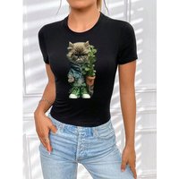 RMK T-Shirt Damen Shirt Top kurzarm Freizeit Rundhals Blume Garten "Cat Katze" in Unifarbe, aus Baumwolle, mit lizenziertem Print von RMK