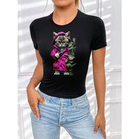 RMK T-Shirt Damen Shirt Top kurzarm Freizeit Rundhals Blume Garten "Cat Katze" in Unifarbe, aus Baumwolle, mit lizenziertem Print von RMK