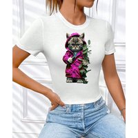 RMK T-Shirt Damen Shirt Top kurzarm Freizeit Rundhals Blume Garten "Cat Katze" in Unifarbe, aus Baumwolle, mit lizenziertem Print von RMK