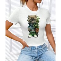 RMK T-Shirt Damen Shirt Top kurzarm Freizeit Rundhals Blume Garten "Cat Katze" in Unifarbe, aus Baumwolle, mit lizenziertem Print von RMK