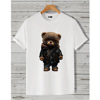 RMK T-Shirt Herren Shirt Rundhals Basic Druck (Teddybär Sonnenbrille Lederjacke) in Unifarbe, mit lizenziertem Print, aus Baumwolle von RMK