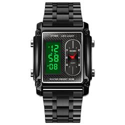 RNONDRY Digitale Armbanduhr für Herren, analoge Uhr, Quarz, Herrenuhren, quadratisch, cool, kreativ, Dual-Zeitzonen-Armbanduhr, wasserdicht, Schwarz und Stahl, Freizeit Sport von RNONDRY
