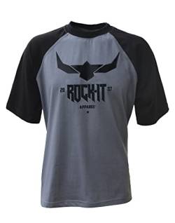 ROCK-IT Apparel Herren T-Shirt Cooles Logo Raglan Kurzarm T-Shirt Rundhals Premium Qualität 100% Baumwolle mit Logo Print Größen S-5XL Farbe Grau Schwarz 3XL von ROCK-IT Apparel