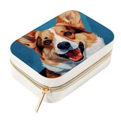 RODAILYCAY Niedlicher Corgi-Schmuck-Organizer aus Samt, kompakte Aufbewahrungsbox mit Metall-Reißverschluss für Ohrringe und Zubehör, ideal für Reisen, 5,6 x 15,4 x 10,4 cm von RODAILYCAY