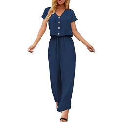 ROLAQDK Leinen Set Damen Zweiteiler Damen Sommer Elegant Damen Sommer Solide Baumwolle und Leinen Multi Button Fashion Top Kurzarm Hosen Set Hausanzug Samt Hosenanzug Damen Business von ROLAQDK