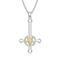 ROMANTICWORK Satanische Pentagramm Kette Sterling Silber Leviathan Kreuz Anhänger Halskette Satan Umgekehrte Kreuz Schmuck Geschenke für Herren Damen von ROMANTICWORK