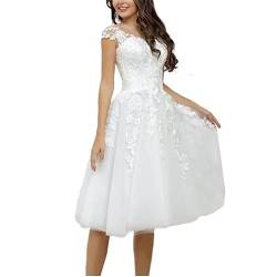 RONGLONG Vintage Brautkleid Kurz Tüll Spitze Hochzeitskleider a Linie Kurzarm Spitzenkleid Standesamt Kleid, Ivory, 40 von RONGLONG