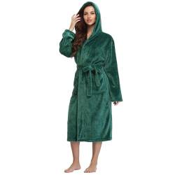 RONGTAI Damen Bademantel aus Plüsch mit Kapuze und Taschen, flauschige Nachtwäsche, Grün (Oil Green), Large von RONGTAI