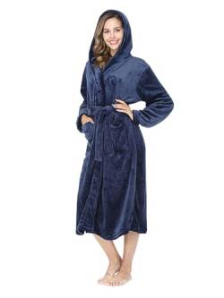 RONGTAI Damen Bademantel aus Plüsch mit Kapuze und Taschen, flauschige Nachtwäsche, marineblau, Large von RONGTAI