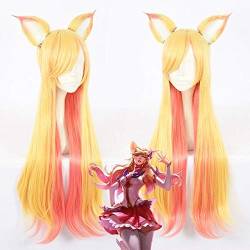 RONGYEDE Anime cosplay perücke Spiel LOL WOMEN ROLE PLAY Star Guardian Ahri Cosplay Perücke Gelb orange lange Haarperücke mit 2 Ohren One Size Ahri von RONGYEDE