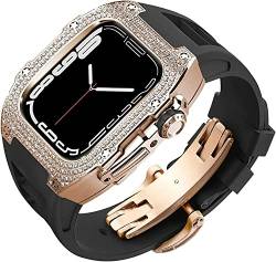 RONGYEDE Rm Mod Kit Diamantgehäuse und Fluorkautschukband für Apple Watch Serie 8 7 6 5 4 SE Fluor-Gummi-Armband Strass-Abdeckung für iWatch 45 mm 44 mm Uhrenarmband(Größe:44mm) von RONGYEDE