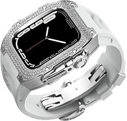RONGYEDE Rm Mod Kit Diamantgehäuse und Fluorkautschukband für Apple Watch Serie 8 7 6 5 4 SE Fluor-Gummi-Armband Strass-Abdeckung für iWatch 45 mm 44 mm Uhrenarmband(Größe:45 mm) von RONGYEDE