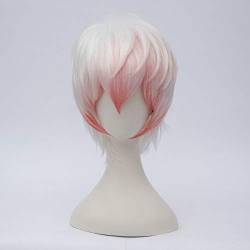 RONGYEDE-Wig Anime Cosplay Mystic Messenger Saeran Unknown Cosplay Wig Anime Game Costume Party Wig 30cm Short Straight Synthetic Hair White and Pink Mixed von RONGYEDE