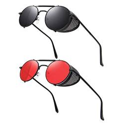 RONSOU Steampunk Stil Rund Vintage Polarisiert Sonnenbrillen Retro Brillen UV400 Schutz Metall Rahmen Grau & Rot Linse von RONSOU