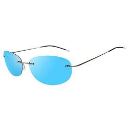 RONSOU Ultraleichte Randlose Reine Titan-bunte Mode Polarisierte Sonnenbrille für Männer und Frauen_Graue Rahmen Blaue Linse (gespiegelt) von RONSOU