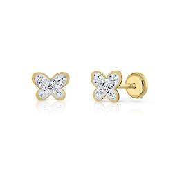 Ohrringe aus 18-karätigem Gold, für Babys oder Mädchen, Schmetterlings-Modell mit Steinen und Sicherheitsverschluss. von ROSA DI MANUEL