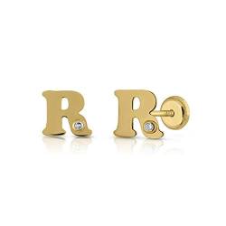 Ohrringe aus Sterling-Gold, für Mädchen/Damen, Buchstabe mit Zirkonia, hochwertig, von Hand poliert, Größe des Schmuckstücks 7 mm, mit Schraubverschluss. gelb von ROSA DI MANUEL