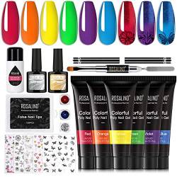 ROSALIND Nagellack Poly Nagelgel Set, 6 Farben Nagelverlängerung Nagel Kit 15ml mit Base Top Coat Slip Lösung Nageldekoration Glitzer Gelnägel Anfänger Set, Rot Gelb Grün Blau Lila von ROSALIND