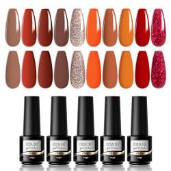 ROSALIND UV Gel Nagellack Braun Rotwein Glitzer Shellac Rot Set, 10 Farben Gellack UV Nagellack Gelb Orange Red Brown Nail Art Soak Off Gel Nail Polishes Set für Nagel Design von ROSALIND